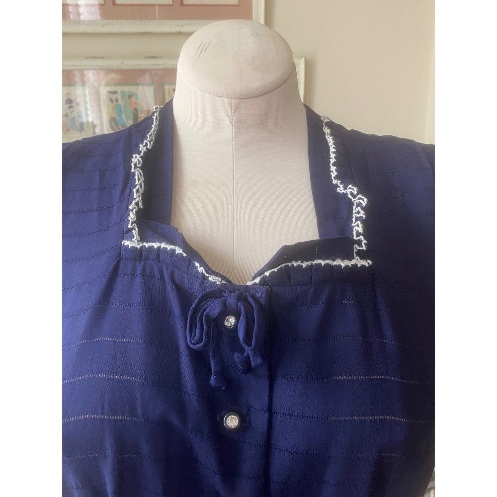 Vtg 1940s Navy Blue Shadow Stripe Button Front Day Dress Square Neck Sz L - Picture 2 of 7